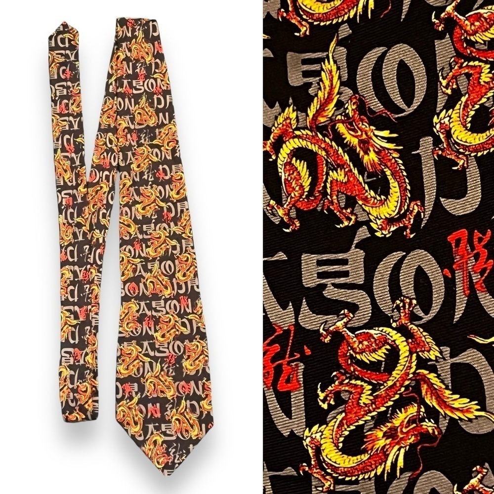 Vintage 80s Asian Dragon Print Neck Tie 100% Silk Briefly Stated Made in Korea